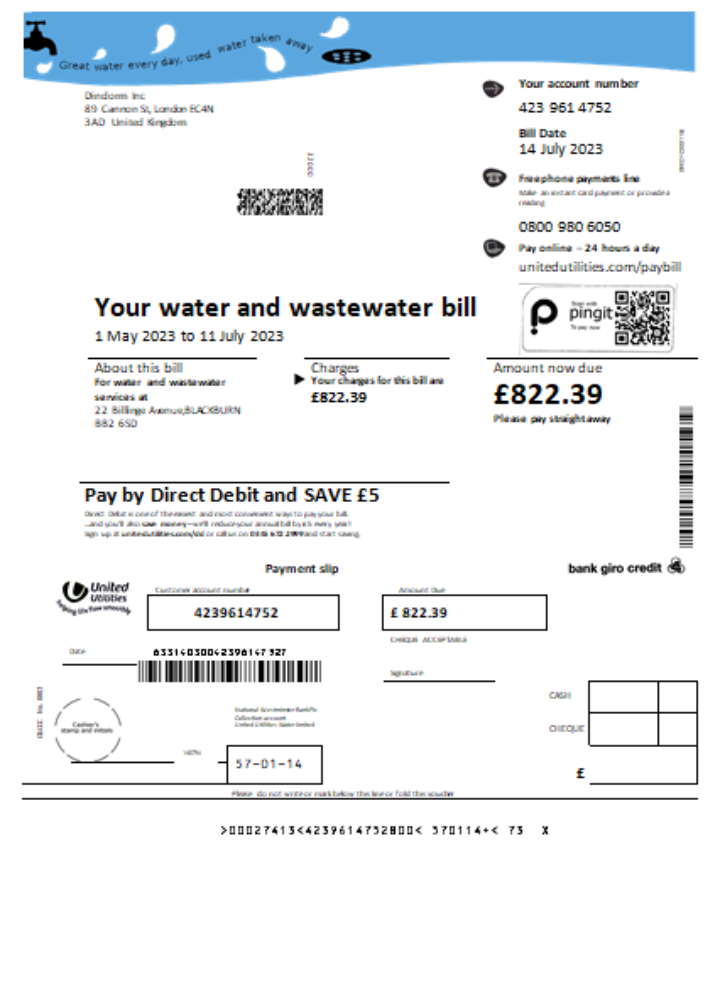 United Utilities water utility business bill, SCR PSD template
